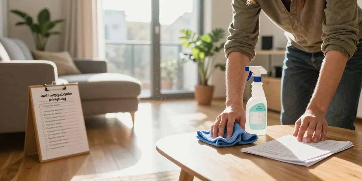 Efficient wohnungsabgabe reinigung in a bright living room, showcasing cleaning supplies and a checklist for moving out preparation.
