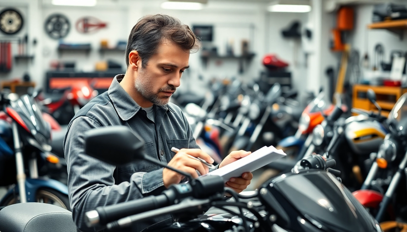 Motorrad Gutachter prüft die Qualität eines Motorrads in einer professionellen Werkstatt.