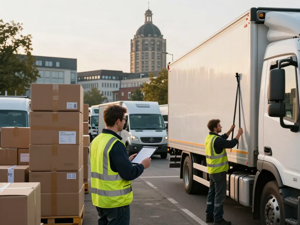 Transportfirma in Stuttgart - Logistikmitarbeiter überwachen das Laden von Fahrzeugen auf einen Transporter in einer urbanen Umgebung.