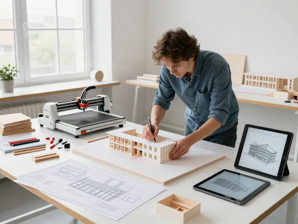 Architekturmodellbau Dänemark: Designer bei der Arbeit an einem detaillierten Architekturmodell in einem modernen Studio.