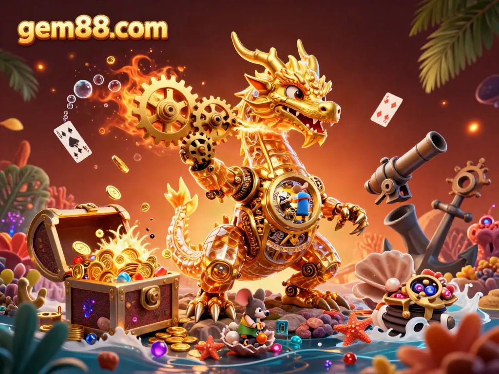 Experience the thrill of gem88com with a golden dragon breathing gears and treasure amidst underwater riches.