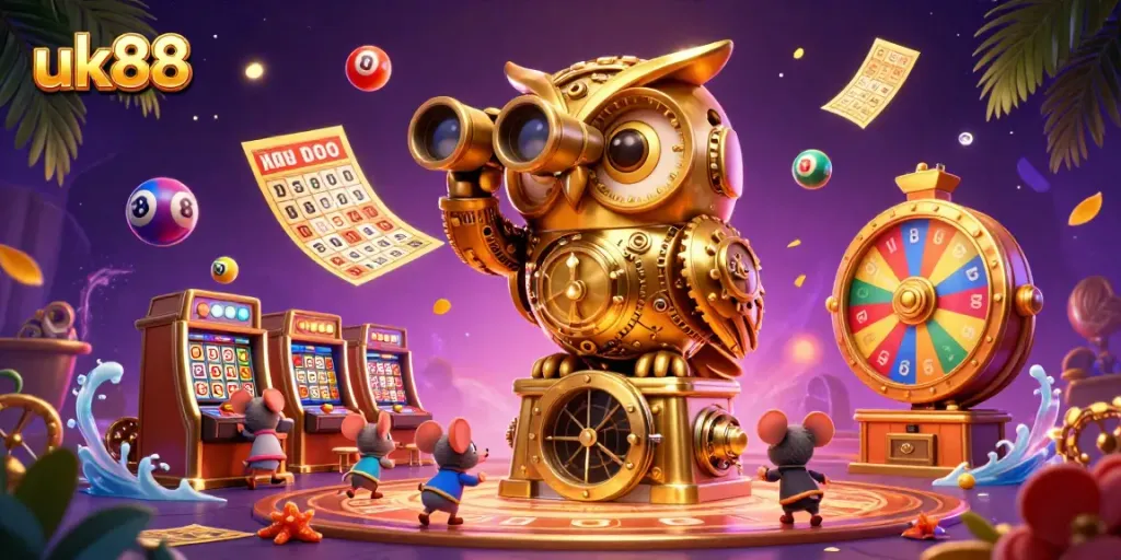 Win big at uk88 with this vibrant digital casino illustration, showcasing thrilling game elements and characters.