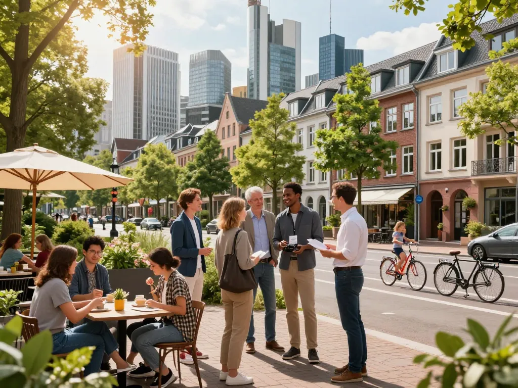 Immobilienmakler Frankfurt Sachsenhausen führt Kunden durch eine stilvolle Wohnungsbesichtigung in einem lebhaften Stadtviertel.