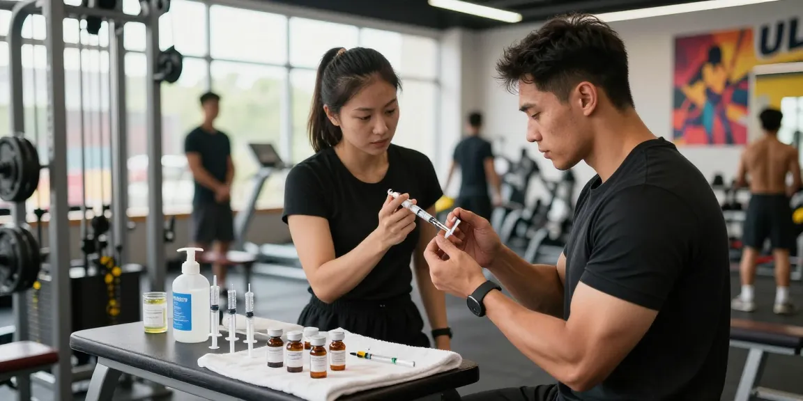 Anabolika-Shop - Bodybuilder demonstriert Injektionstechnik für Steroide in modernem Fitnessstudio, umgeben von Geräten und Steroid-Vials.
