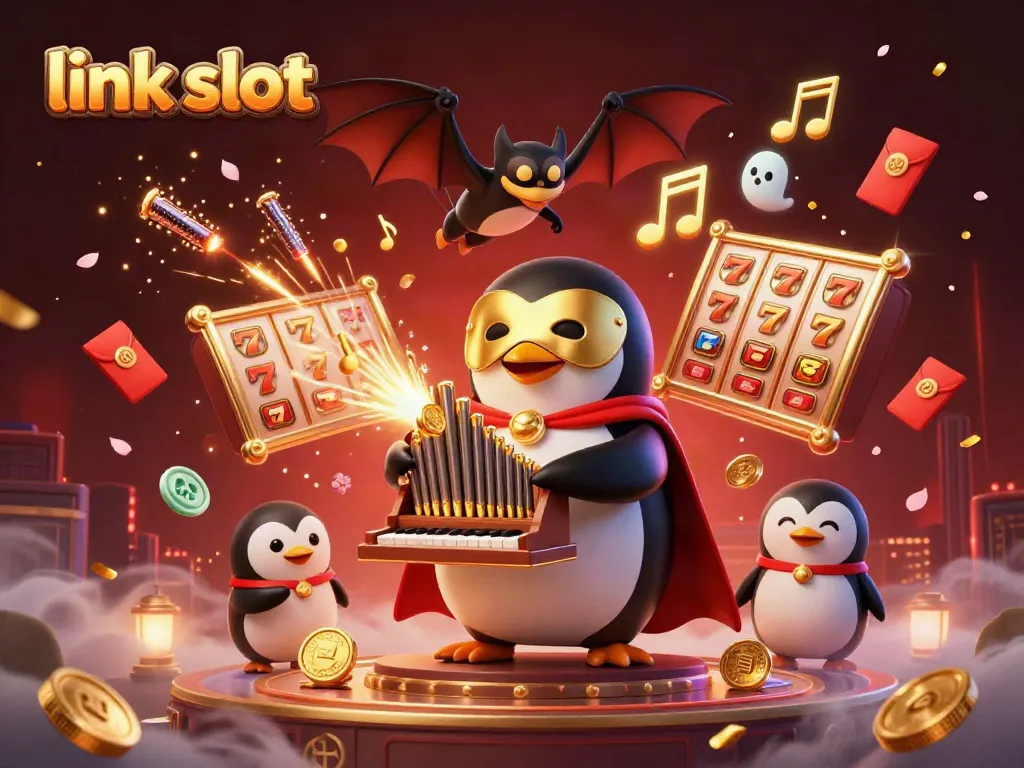 Experience thrilling wins with the link slot as the joyous penguin plays the jackpot organ surrounded by vibrant casino elements.