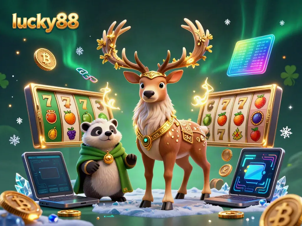 Experience the thrill of lucky88 in this vibrant 3D casino illustration featuring slot reels and crypto elements.