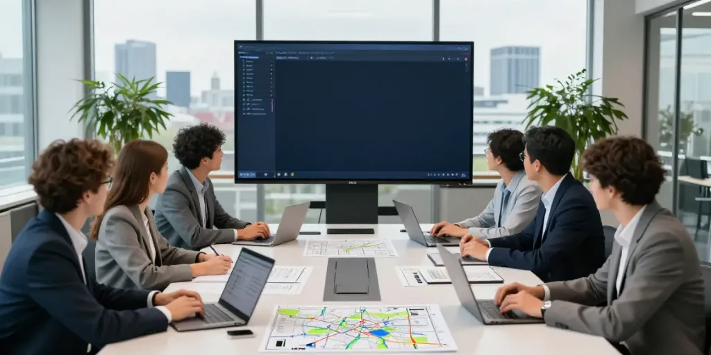 Transportfirma in Stuttgart: Team bespricht logistische Strategien in modernem Büro.