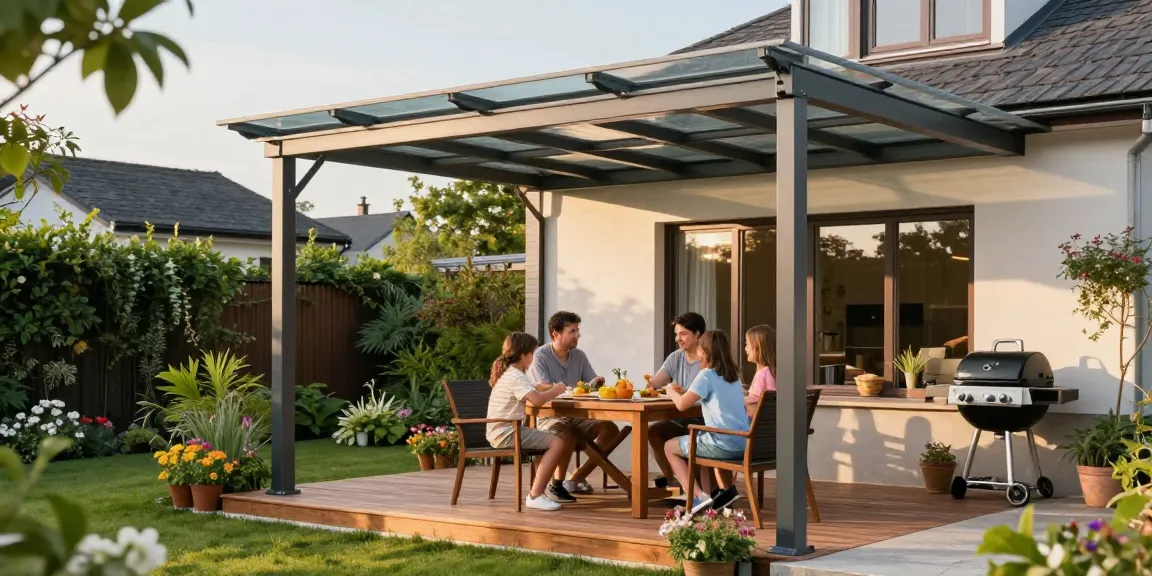 Familie genießt den Garten unter eleganten Terrassenüberdachungen aus Aluminium in einem sonnigen Hinterhof.