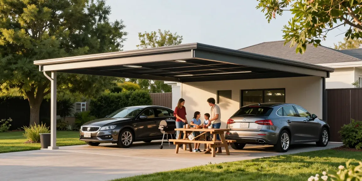 Moderne Carport-Lösung in sonniger Umgebung mit Familie beim Grillen.
