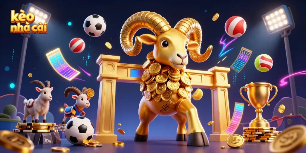 Engage with kèo nhà cái where a golden ram charges amidst vibrant sports elements and celebratory graphics.