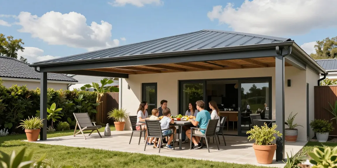 Familie genießt eine Mahlzeit unter einer stilvollen Terrassenüberdachung im Garten.