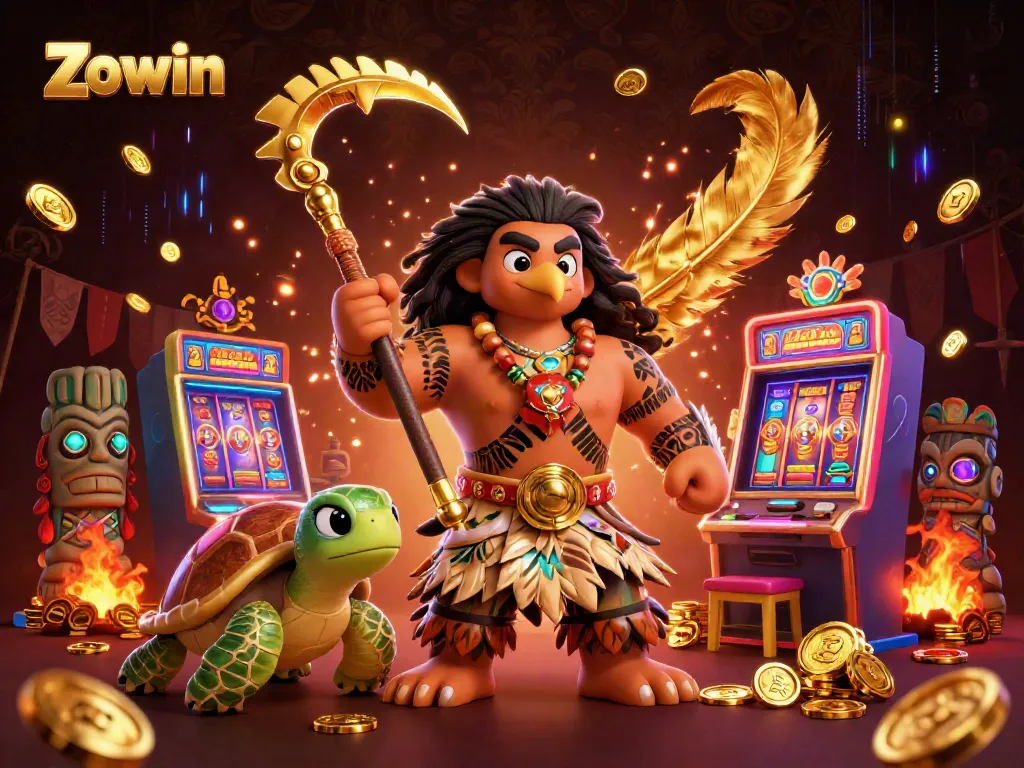 Zowin features a vibrant 3D scene of a demigod hawk and turtle amidst slot machines and coins.