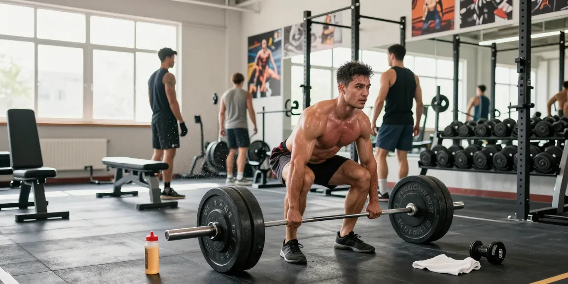 Utionon Steroids Shop: Athlet beim Krafttraining im Fitnessstudio, umgeben von Trainingsgeräten und motivierenden Elementen.