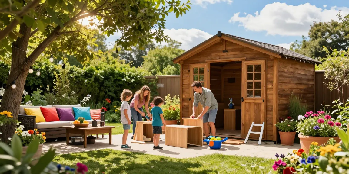 Gartenhaus kaufen und eine einladende Außenszene mit Familie im Garten genießen.