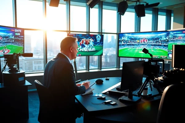 Engaging scene of sports broadcasting with a host at a lively studio, capturing the essence of Sports Broadcasting.