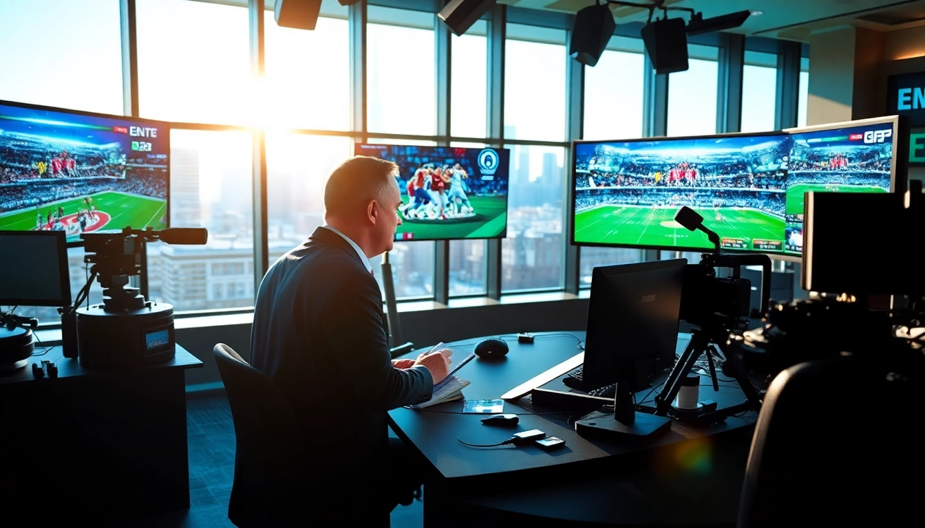 Engaging scene of sports broadcasting with a host at a lively studio, capturing the essence of Sports Broadcasting.