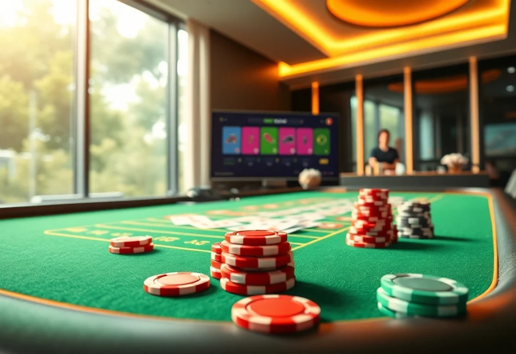 Az online kaszinó vibráló játékasztala, élénk kártyákkal és zsetonokkal, modern környezetben.