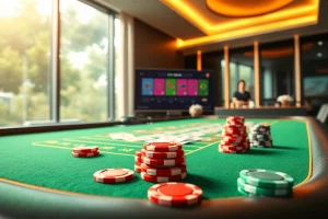 Az online kaszinó vibráló játékasztala, élénk kártyákkal és zsetonokkal, modern környezetben.