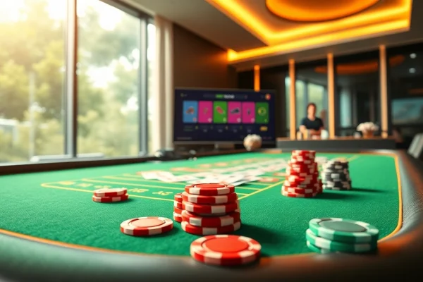 Az online kaszinó vibráló játékasztala, élénk kártyákkal és zsetonokkal, modern környezetben.