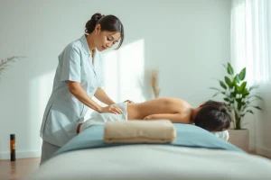 평택 출장마사지: 차분한 테라피스트가 편안한 환경에서 가정 방문 서비스를 제공하는 모습