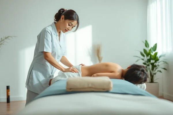 평택 출장마사지: 차분한 테라피스트가 편안한 환경에서 가정 방문 서비스를 제공하는 모습