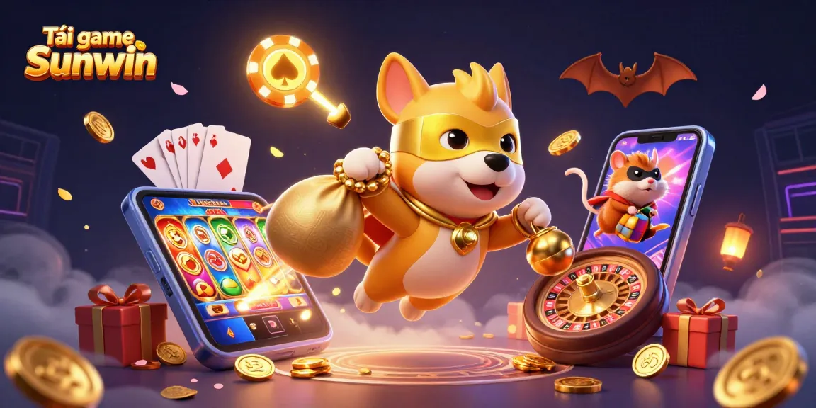 Tải game Sunwin with a superhero dog and hamster surrounded by casino games and gold coins in a dynamic scene
