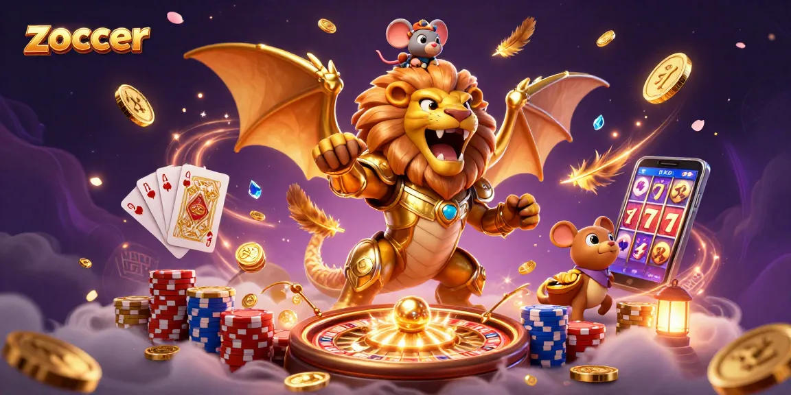Zoccer themed 3D illustration showcasing a triumphant chimera and casino elements for gamblers.